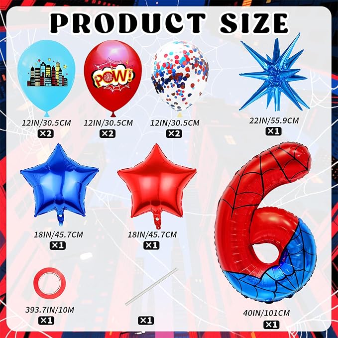 Spider Web Number 6 Balloon Birthday Decoration, Superhero Themed 40in Giant Mylar Number Party Supplies