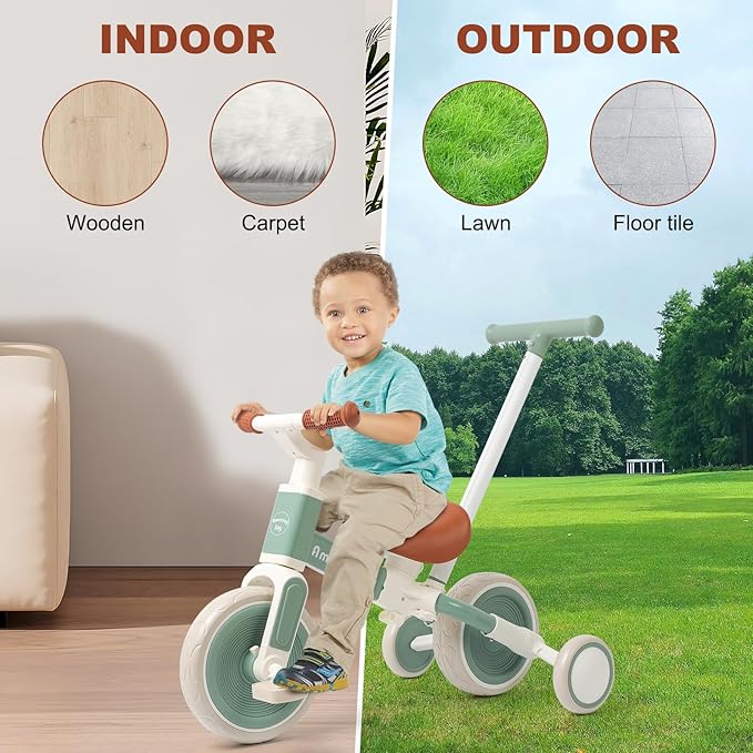6-in-1 Toddlers Tricycle Baby Balance Bike, Kids Steering Push Handle Bicycle with Removable Pedals, Adjustable Seat,Training Wheels Toys 18 months+ Birthday Gifts for Boys Girls 2 3 4 Year Olds, Mint