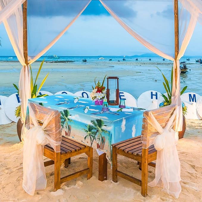 Tiamon 3 Pieces Summer Beach Tablecloths Plastic Hawaiian Party Table Cover Luau Palm Leaves Tropical Beach Tablecloth for Summer Ocean Sea Pool Birthday Party Supplies, 54 x 108 Inches