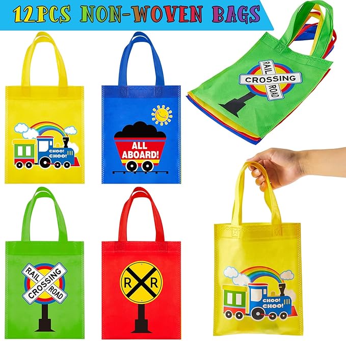 Sumind 228 Pcs Train Party Favors Birthday Decoration Non Woven Goodie Bags Plastic Straws Punch Balloons Stamps Stickers Silicone Wristbands for Train themed Birthday Party Supplies