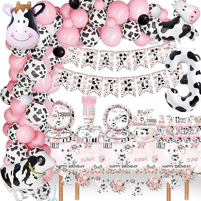 51 Pcs Holy Cow I'm Three Girls Birthday Party Supplies Moo Moo I'm Three Tablecloth Paper Plates Napkins Forks Dinnerware for Farm Animals Cow Theme Girls 3rd Birthday Party Supplies Decorations