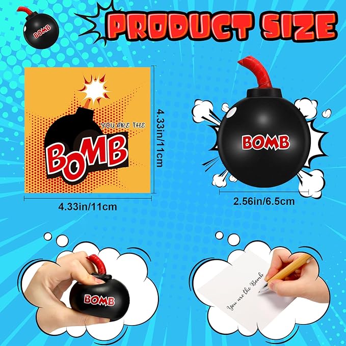12 Set Bomb Stress Ball 'You Are the Bomb' With Cards - Novelty Stress Relief Foam Toy for Anxiety - Gag Gifts for Party, Boys, Girls, Adults, Coworkers