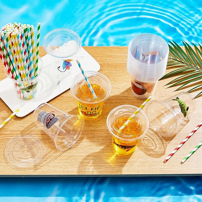 Boao 36 Sets Watercolor Gone Fishing Party Cups with Lids and Paper Straws 14 oz Disposable Clear Plastic Cups Bulk for Gone Fishing Birthday Party Favor Supplies Decorations