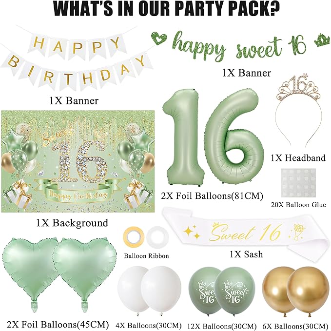Sweet 16 Birthday Party Decorations for Girls - Sage Green 16th Happy Birthday Banner Heart Balloons Number 16, Photo Backdrop Crown Sash Party Supplies for Sixteen Years Old