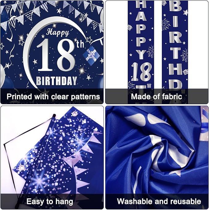 18th Birthday Decorations for Boys and Girls Blue, Happy 18th Birthday Door Backdrop Banner Balloons 18 Years Old Birthday Porch Sign Party Supplies with Latex Balloons Decor 18th Bday Boy Her Him