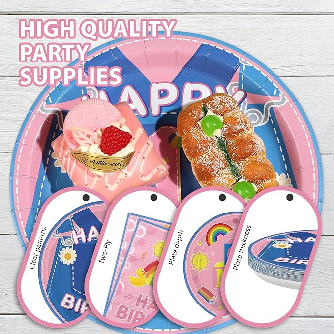 96Pcs 1st Birthday Party Decorations Girls Pink Cartoon Teaching Plates and Napkins Cartoon English Teacher Theme Tableware Set for Girl Birthday Baby Shower Party Supplies，Serves 24