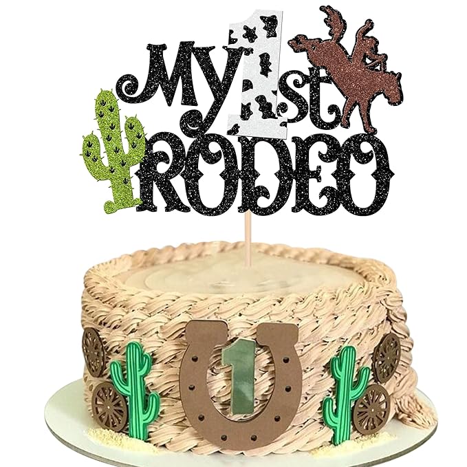 1 PCS My 1st Rodeo Cake Topper Brown Glitter Cactus First Birthday Cake Pick Decoration for Western Little Cowboy Theme Baby Shower Kids 1st Birthday Party Cake Decorations Supplies