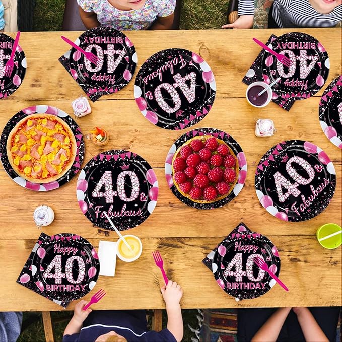 96Pcs 40th Birthday Party Supplies Black and Hot Pink Plates Forks and Napkins Diamond Sweet Theme Disposable Paper Tableware Set for Women 40 Year Old Birthday Party Supplies Serves 24