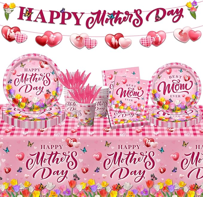 GREHUMOR 142Pcs Happy Mother's Day Party Supplies Pink Mother's Day Tableware Floral Flowers Tulip Disposable Paper Plates,Tablecloth,Napkins,Cups,Forks and Knives for Best Mom Ever Party Decorations