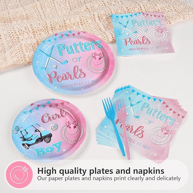 96Pcs Golf Gender Reveal Decorations Putters Or Pearls Plates and Napkins Tableware Sets Blue or Pink Decorations for Golf Theme He or She Gender Reveal Baby Shower Birthday Party Supplies Serves 24