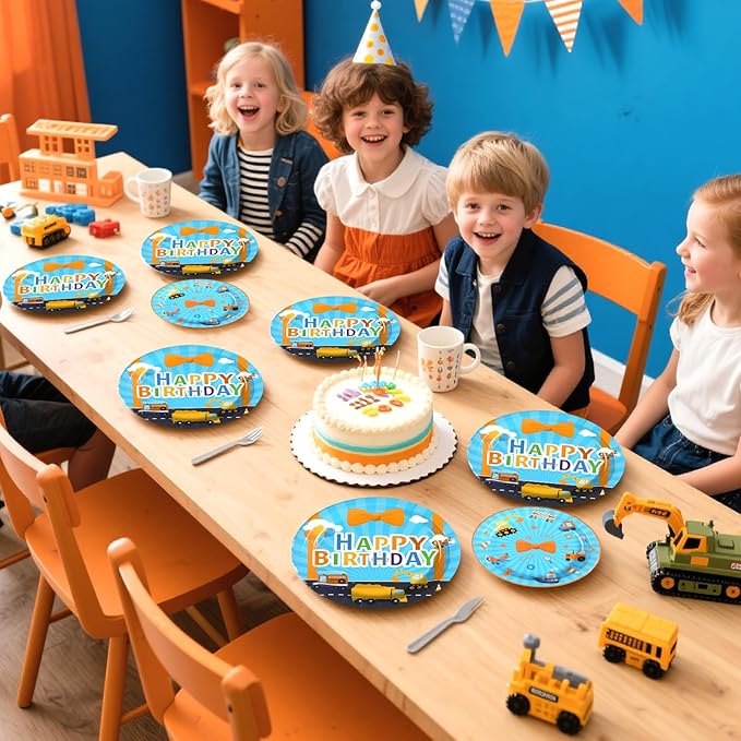 96 Pcs Blue Orange Cartoon Party Supplies Cartoon English Teacher Paper Plates Blue Orange Birthday Party Platter Tableware for Boy Girl Kids Teacher Back to School Themed Parties Decor Serves 24