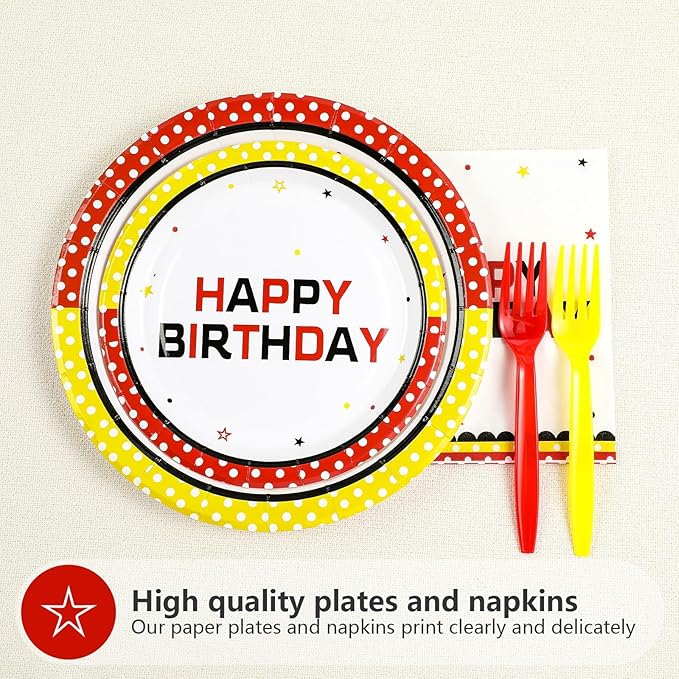 96Pcs Cartoon Mouse Birthday Decorations Mouse Theme Plates and Napkins Red Yellow White Polka Dot Decorations Favors for Kids Birthday Baby Shower Cartoon Theme Party Supplies Serves 24