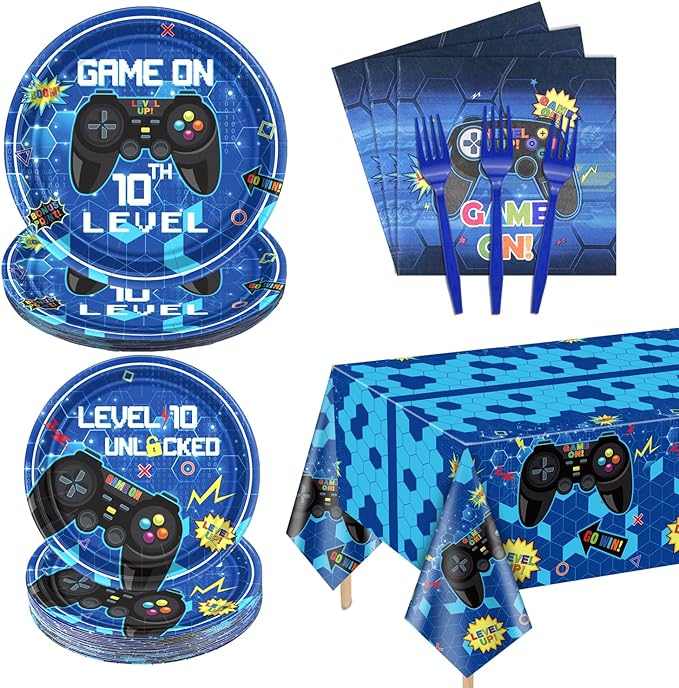 10th Birthday Decorations for Boys, 81 Pcs Level 10 Video Game Party Decorations, Including Video Game Plates Napkins Tablecloth Forks for Gamer Birthday Party, Serves 20, Blue