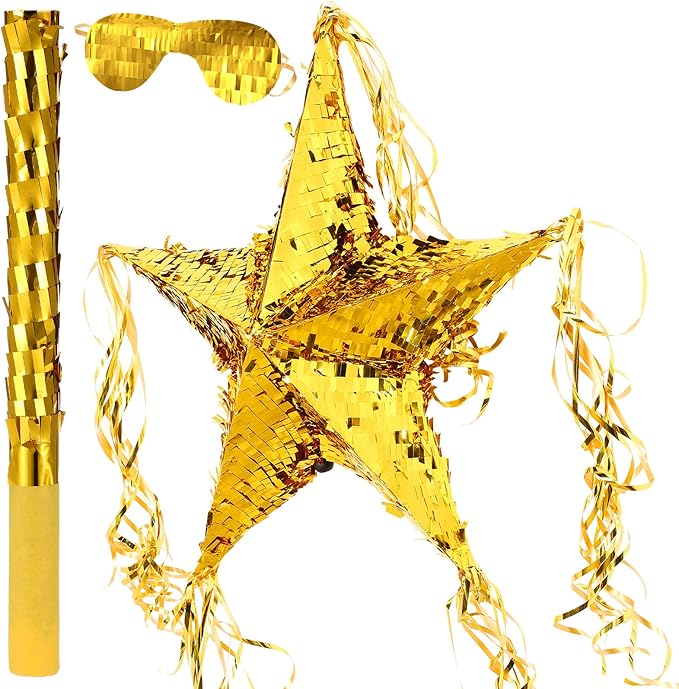Foil Star Piñata with Blindfold and Bat for Birthday Foldable Star Shape Piñata with Stick Festive Fiesta Party Supplies Favors for Mexican Party (Gold)
