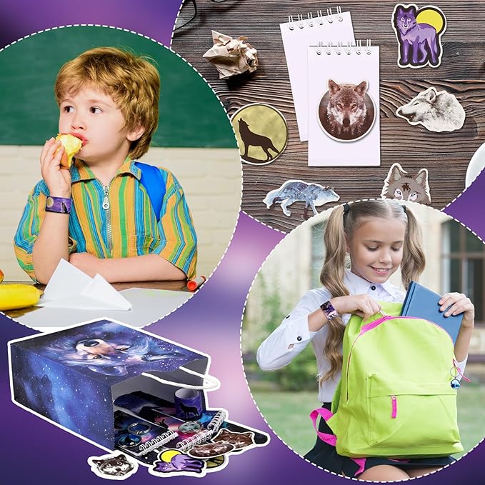 Abbylike 48 Pcs Wolf Party Favors Party Decor Birthday Supply Wolf Paper Bag Gift Mini Notebook Keychain Slap Bracelet Sticker for Baby Shower Holiday