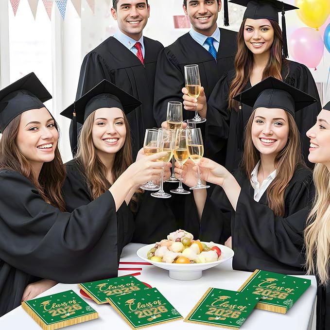 50 Pcs Graduation Napkins Class of 2026 - Green Gold Congrats Grad Napkins Set, 3-Ply Disposable Graduation Luncheon Dinner Party Paper Napkins for Graduations Party Supplies Table Decoration