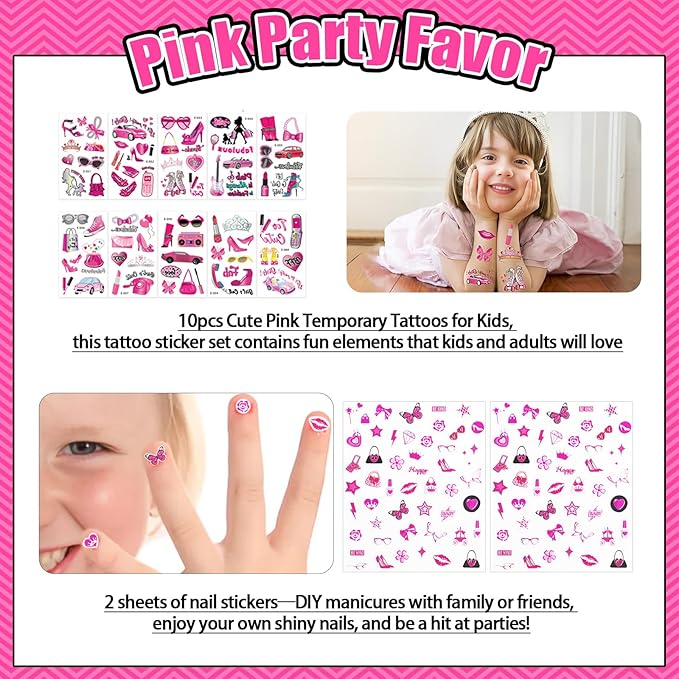 146Pcs Pink Party Favors for Girls, Hot Pink Princess Birthday Party Goodie Bag Stuffer Filler for Kids Girls Birthday Party Decoration Supplies