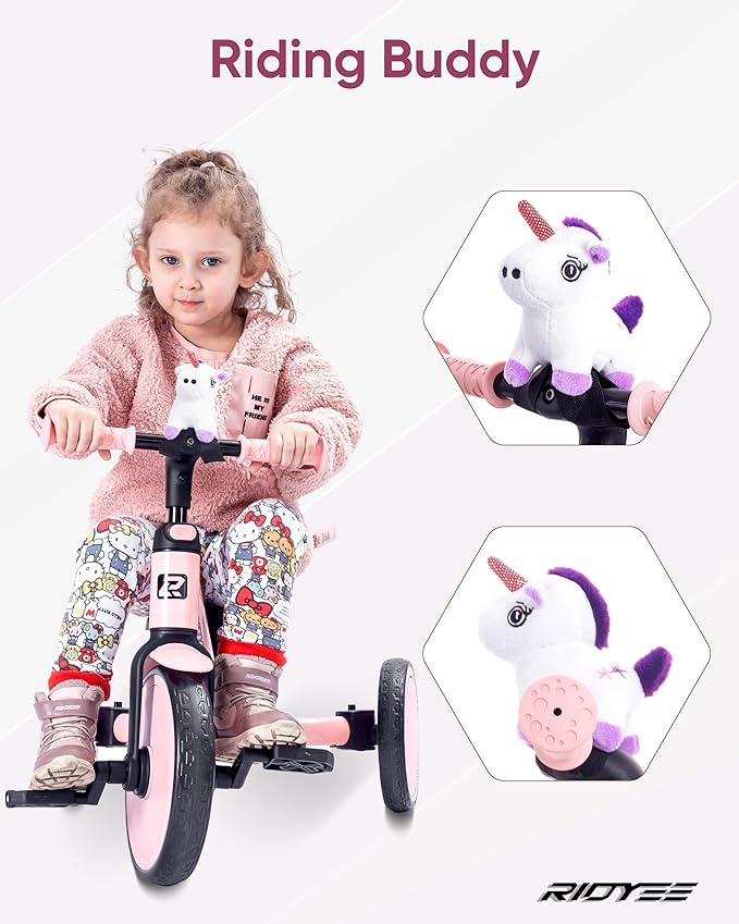 5-in-1 Kids Tricycle for Toddlers 1.5-3, Tool-Free Convertible Kids Push Trike to Balance Bike, Safety Belt, Removable Backrest and Footrest, Ride-On Toy for Boys & Girls, Pink