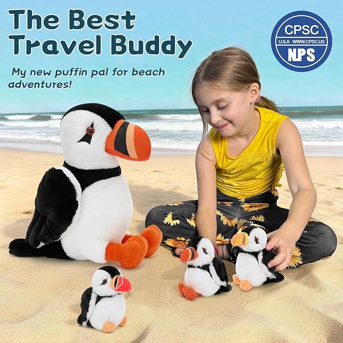13.7" Puffin Plush Toy with Back Zipper, Includes 3 Adorable Baby Puffin Stuffed Inside - Soft & Safe Stuffed Animal for Kids, Perfect for Bedtime Companion, Gift, or Room Decor