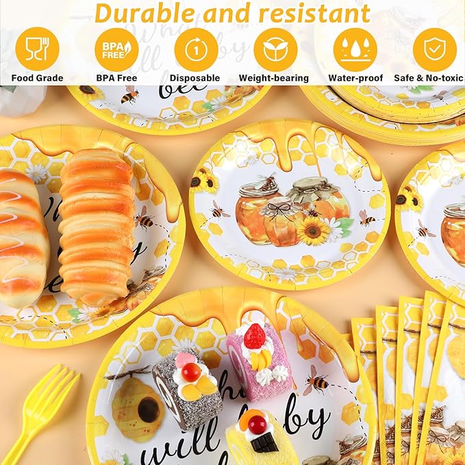 gisgfim 96Pcs Bee Party Supplies Bee Baby Shower Paper Plates and Napkins What Will Baby Bee Gender Reveal Party Dinnerware Set Honey Bumble Birthday Party Tableware Decorations Favors Serve 24