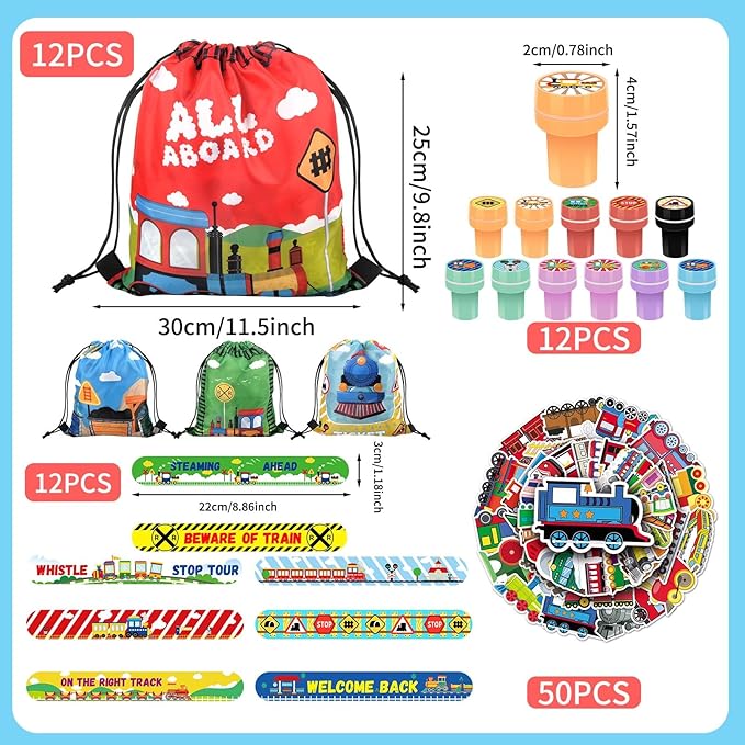 TOQI 98 Pcs Train Party Favors,Train Print Party Supplies Include Stickers Stamps Keychains Slap Bracelets and Drawstring Bags Party Decorations for Kids TrainTheme Birthday supplies (A-Train)