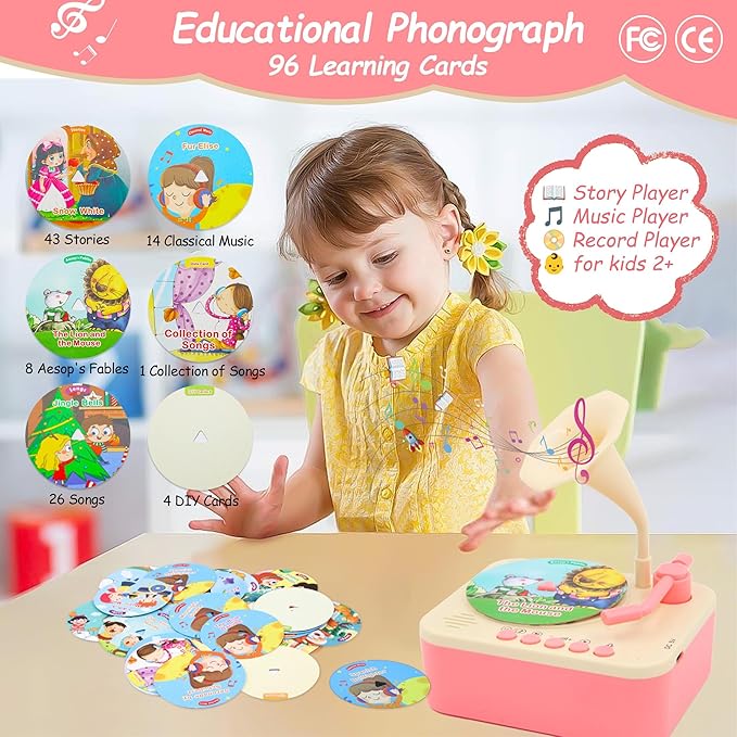 Toddler Record Player, Kids Phonograph with 99 Cards, Story Telling & Songs & DIY Record, Toddler Music Toys Ideal for Boys Girls 3 4 5 Year Old