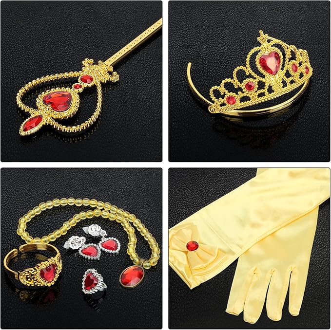 Princess Dress Up Party Accessories for Princess Costume Gloves Tiara Wand Necklace Earrings Bracelet and Ring Gift Set 9pcs (Yellow, Set of 7, 9pcs)