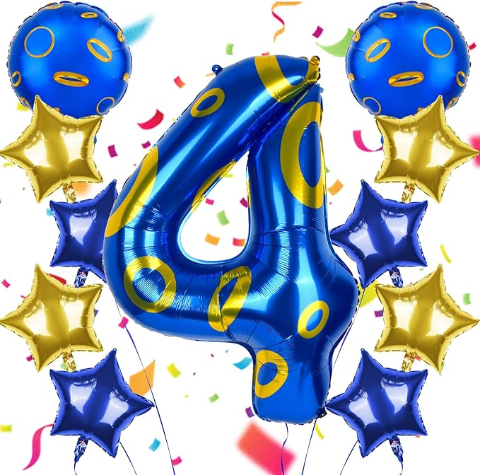 40 Inch Blue and Golden Ring Themed Number Balloon, Number Block Foil Number 4 Balloons Large Big Numbers Helium Balloon for Girls Boys 4th Birthday Theme Party Decorations (Number 4)