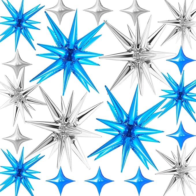 20 Pcs 27'22'Explosion Star Foil Balloons - 12 Point, Spike and Four Pointed Star Balloons for Party Supplies - Christmas, Birthday, Wedding & Photo Booth (Silver Blue)