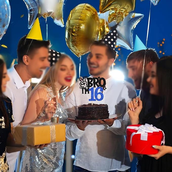 1 PCS Brother I'm 16 Cake Topper Glitter Star Happy 16th Birthday Cake Pick Bro I'm 16 Cake Decoration It's My 16th Birthday Decorations for Boys Cheers to 16 Years Old Birthday Party Supplies Blue