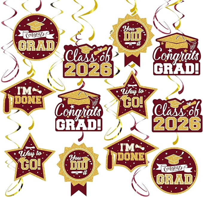 2026 Graduation Party Decorations - 30 Pcs Maroon Gold Class of 2026 Congrats Grad Hanging Swirl Ceiling Decor for Home School Classroom Graduation Party Supplies