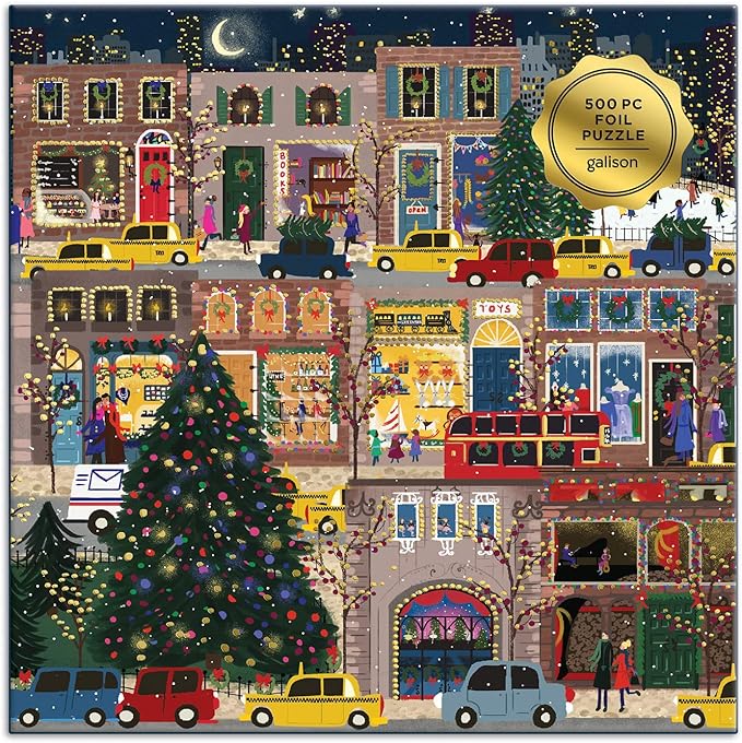 Galison Winter Lights Foil Puzzle, 500 Pieces, 20” x 20” – Holiday Jigsaw Puzzle Featuring a Festive City Scene by Joy Laforme – Thick, Sturdy Pieces, Challenging Family Activity, Great Gift Idea