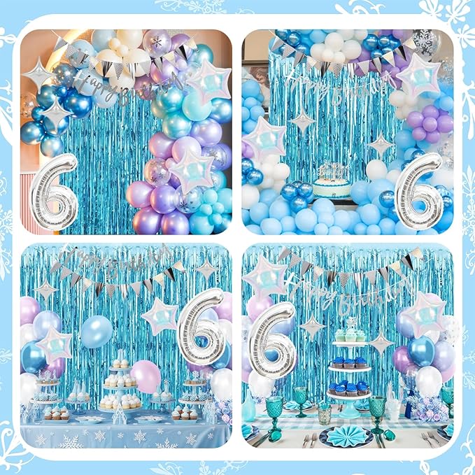 6th Snow Birthday Decorations for Girl, Blue Purple Balloons with Happy Birthday Banner Curtain Silver Number 6 Balloon Iridescent Star Foil Balloons for Girls Baby Shower Birthday Party Supplies