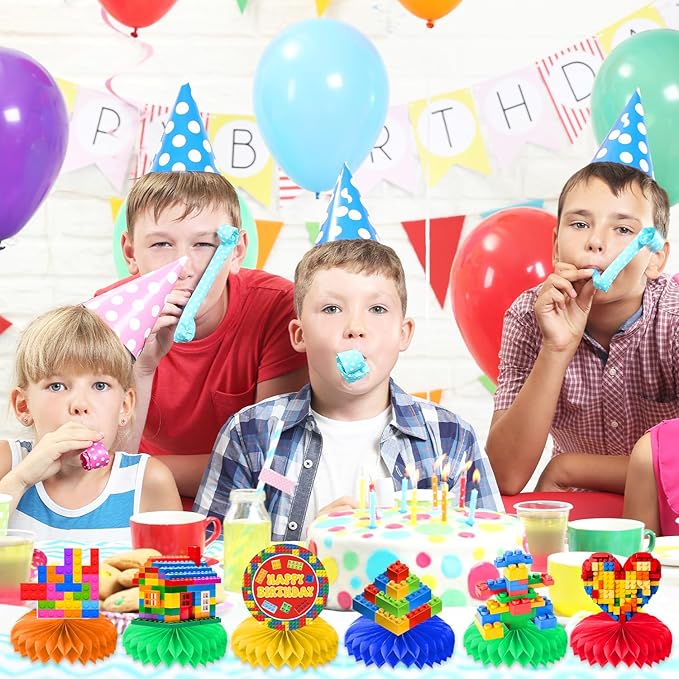 9PCS Building Block Honeycomb Centerpieces Themed Birthday Party Decorations Construction Centerpiece Table Decoration Party Favors Decor Supplies Gifts for Boys Girls Men Women