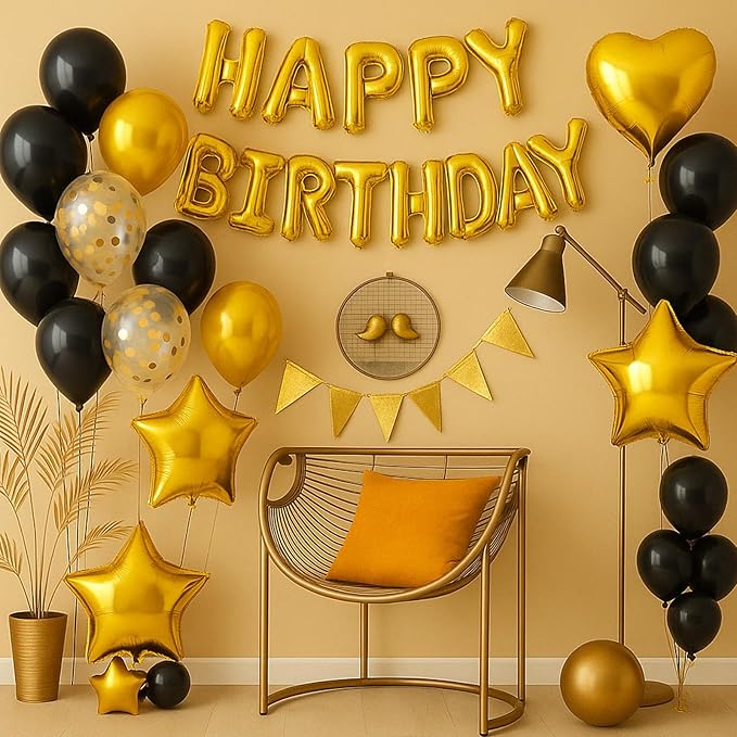 29PC Gold Happy Birthday Balloon Banner, 16 Inch 3D Aluminum Letter Banner Sign, Confetti Black Gold Metallic Balloons 18 Inch Star Heart Foil Balloons for Women, Men Party Decorations