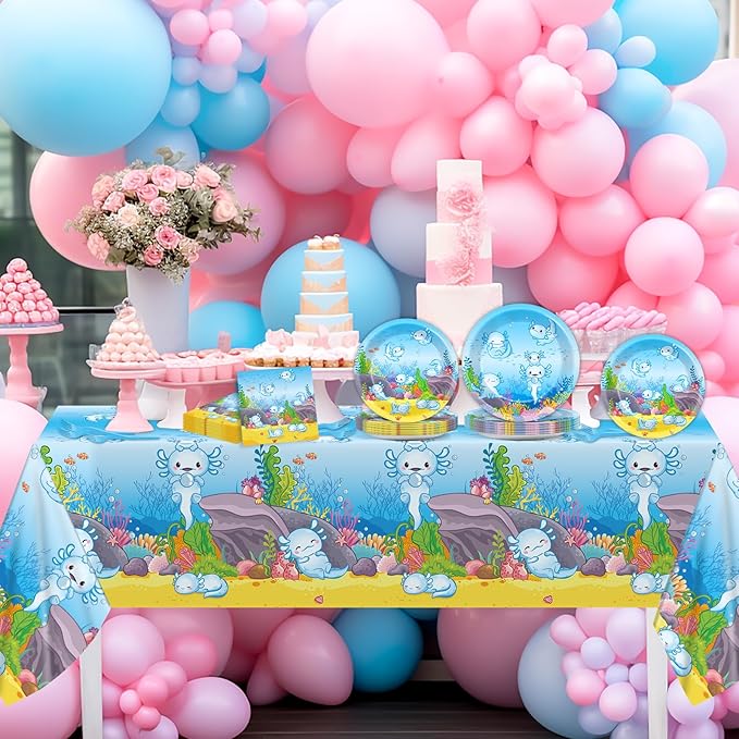 chiazllta 24 Guests Blue Axolotl Party Decoration Axolotl Birthday Party Supplies Favors Reptile Animals Tableware Set Disposable Plates Napkin Tablecloths for Axolotl Boys Decor 98 pcs