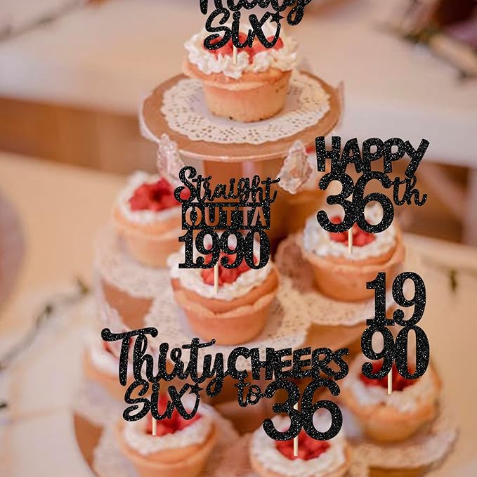 30PCS Black 36th Birthday Cupcake Toppers Glitter Thirty Six Happy 36th Straight Outta 1990 Cupcake Picks for Cheers to 36 Years Birthday Wedding Anniversary Party Cake Decorations Supplies