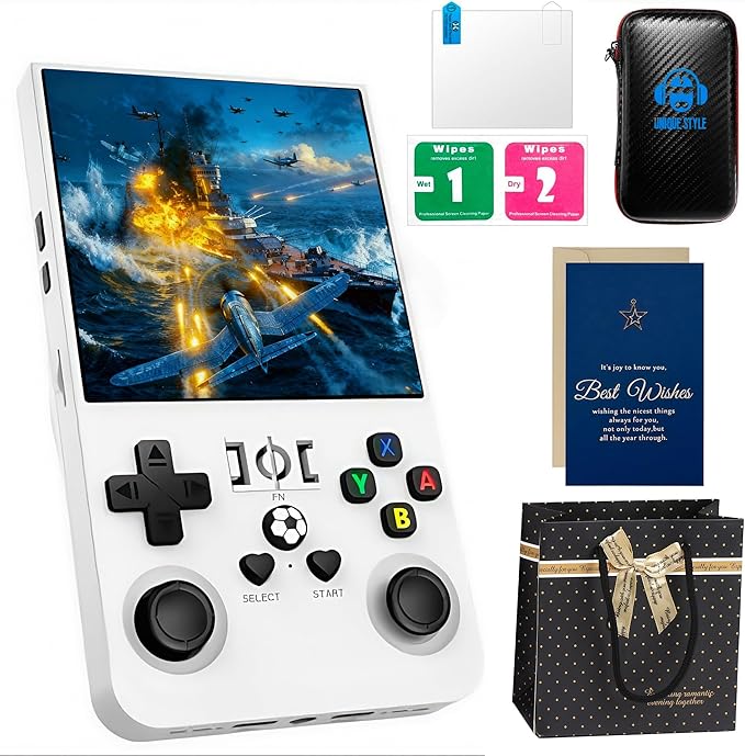 R36MAX Retro Game Console with Christmas Card & Gift Bag | 4 Inch IPS Screen, 21000+ Pre-Installed Games, 20+ Emulators, Portable Linux System (White Gift Set)