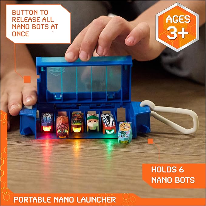 HEX Bots Nano On-The-Go Launcher with 1 Bonus Flash Nano, Autonomous Mini Robot Sensory Toy and Carrying Case, Toy Playsets for Kids Ages 3 and up