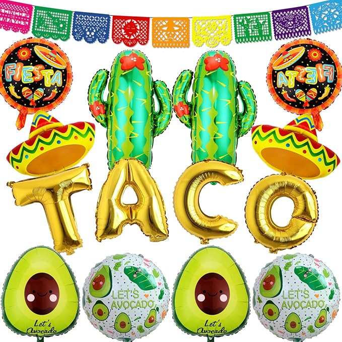 18 PCS Fiesta Party Supplies - Taco, Mexican, Cactus, Avocado, Hat Jumbo Mylar Foil Balloons - Cinco De Mayo Party Decorations