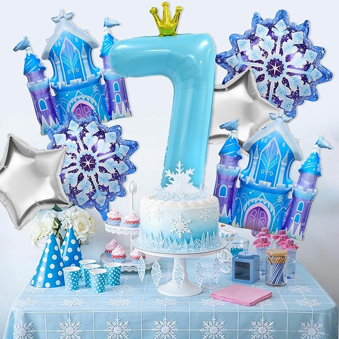 7Pcs 7th Birthday Party Decorations Balloons,Winter Snowflake Balloons Large Blue 40 Inch Number 7 Balloon Foil Star Castle Ballon for Birthday Party Favor Decor Supplies Winter Wonderland Decoration