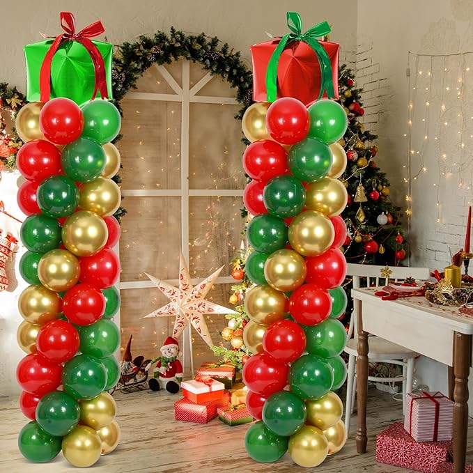 2 Sets Christmas Party Balloon Column Stand Kit With 102 Christmas Gift Boxes Foil Balloons 5.57Ft Adjustable Balloon Tower Stand With Base Adjustable Arch Column for Xmas Birthday Party Supplies