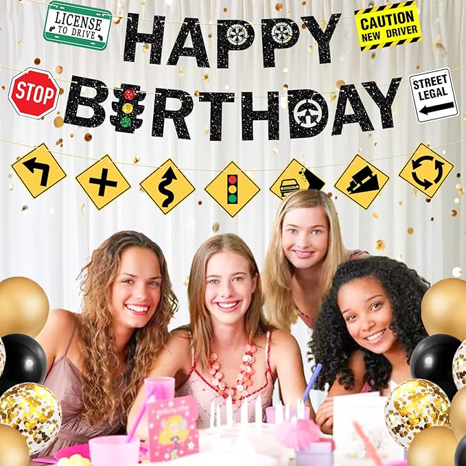 Pre-Strung Driver’s License Birthday Decorations, NO DIY Glitter Happy Birthday Banner New Driver Car Road Signs, 16th 17th Learner Driver Birthday Party Supplies