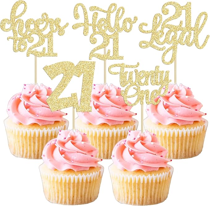 30Pcs 21st Birthday Cupcake Toppers: 21 Legal Cupcake Picks, Cheers to 21 Years Old Cake Decorations for 21st Birthday Anniversary Party Supplies - Gold Glitter