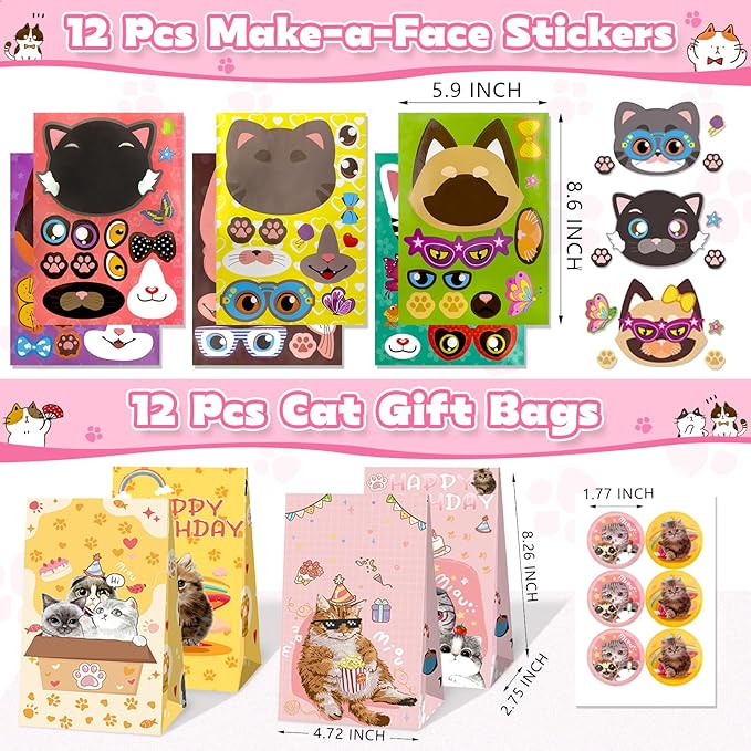158Pcs Cat Party Favors Set with Cat Headband Keychains Tattoo Stickers Erasers Slap Bracelets Hairpin Goodie Bags Cat Party Supplies Cat Birthday Decorations Girl Party Favors