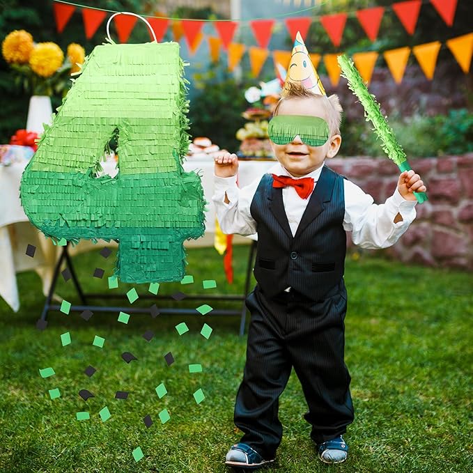 Number Piñata Decorations 16 Inch Gradient Green Piñata with Blindfold Stick and Confetti for Birthday Baby Shower Safari Jungle Themed Party Supplies Centerpiece