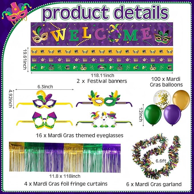 Capoda 128 Pcs Mardi Gras Wagon Float Decorations Kit - Parade Float Decor Wagon, Include Purple Gold Green Fringe Curtains, Banner, Balloons, Eyeglasses & Garland - Carnival Masquerade Party Supplies