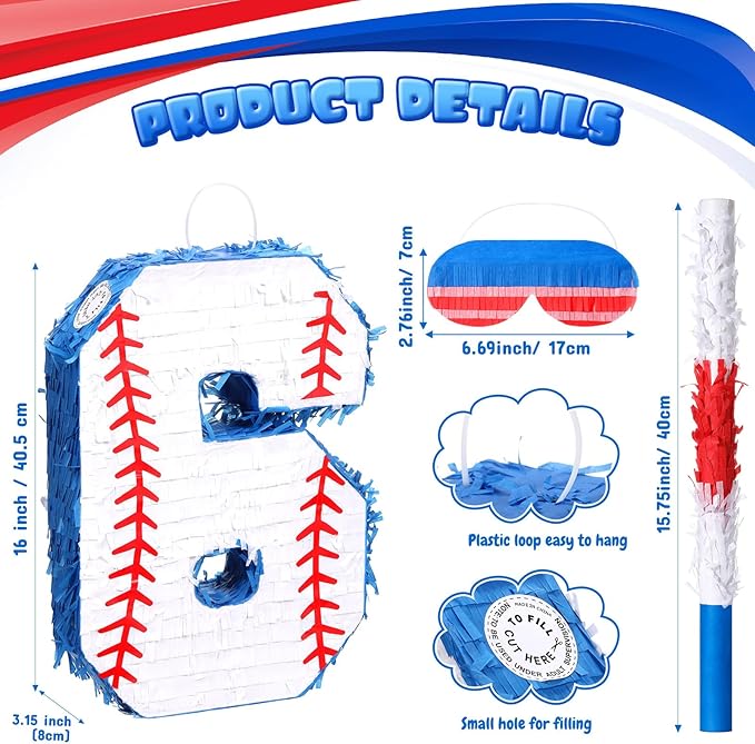 HyDren Baseball Piñata Baseball Party Decorations Number Piñata with Bat, Blindfold and Confetti, 16 Inch Sports Themed Birthday Party Supplies for Celebration Events(Number 6)