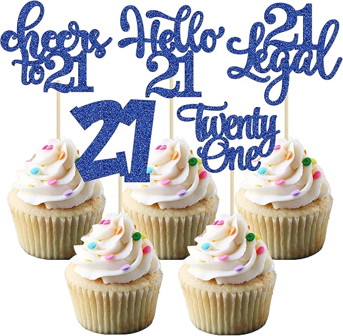 30Pcs 21st Birthday Cupcake Toppers Twenty One Legal Cupcake Picks Cheers to 21 Years Old Cake Decorations for 21st Birthday Anniversary Party Supplies Deep Blue Glitter