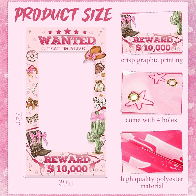 Pink Cowgirl Banner Backdrop - 72x39 Inch Cowgirl Photo Prop with Rope, Western Pink Bow Cowgirl Party Decor for Cowboy Themed Party Decorations, Baby Shower and Bachelorette Birthday Party Supplies
